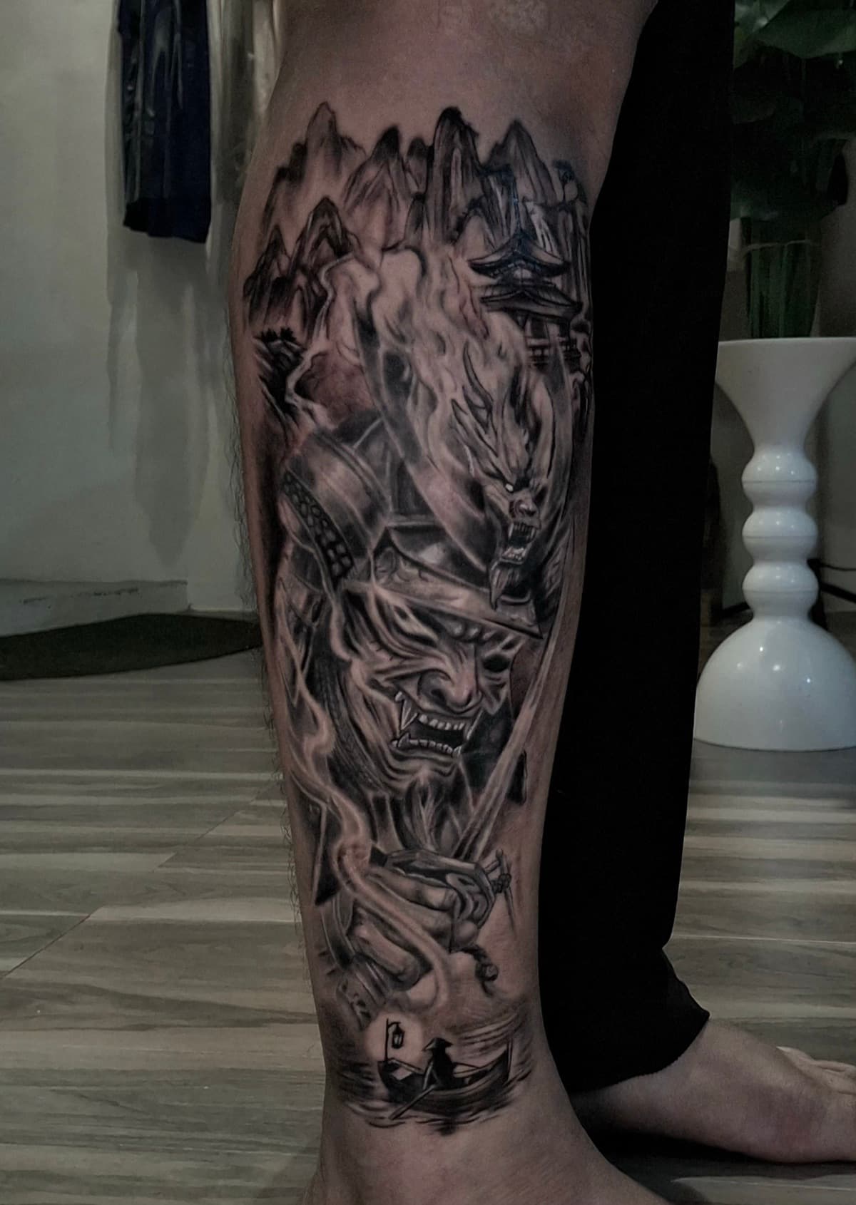 japanese samurai and hannya mask leg sleeve tattoo by isaiah recongco — gorillaz tattoo art studio philippines